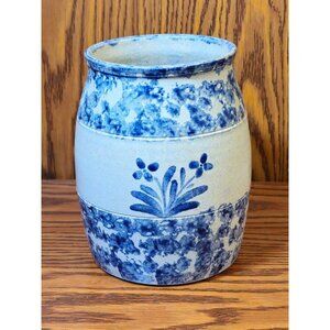 Vintage Handmade Stoneware Vase With Blue Floral Motif & Speckled Design
